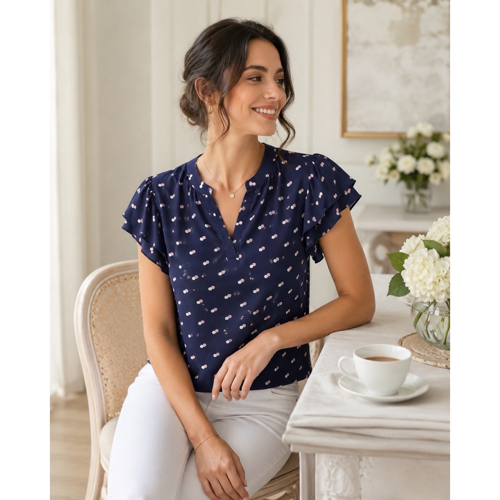 Ann Taylor Factory Blouse Womens MP Navy Blue New Polka Dot Ruffle Sleeve Top